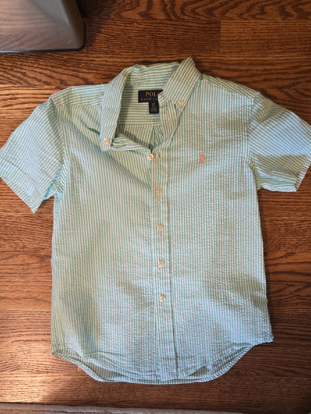 Ralph Lauren Seersucker Short Sleeve Button-Down in Mint Green with Pink Pony